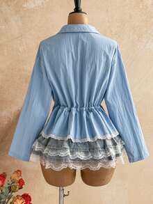 Soleia Women's Casual High Neck Ruffle Hem Lace Trim Long Sleeve Lightweight Trench Coat Jacket, Autumn/Winter - Blue - View 11
