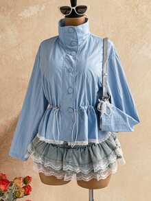 Soleia Women's Casual High Neck Ruffle Hem Lace Trim Long Sleeve Lightweight Trench Coat Jacket, Autumn/Winter - Blue - View 1
