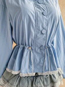 Soleia Women's Casual High Neck Ruffle Hem Lace Trim Long Sleeve Lightweight Trench Coat Jacket, Autumn/Winter - Blue - View 12