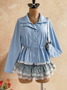 Soleia Women's Casual High Neck Ruffle Hem Lace Trim Long Sleeve Lightweight Trench Coat Jacket, Autumn/Winter - Blue - View 8