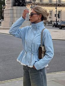 Soleia Women's Casual High Neck Ruffle Hem Lace Trim Long Sleeve Lightweight Trench Coat Jacket, Autumn/Winter - Blue - View 6