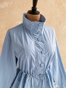 Soleia Women's Casual High Neck Ruffle Hem Lace Trim Long Sleeve Lightweight Trench Coat Jacket, Autumn/Winter - Blue - View 9