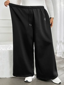 SHEIN CURVE+ 秋冬款黑白條紋休閒百搭抽繩大尺碼長褲，2026 22W 秋季 - 黑色 - 查看 6