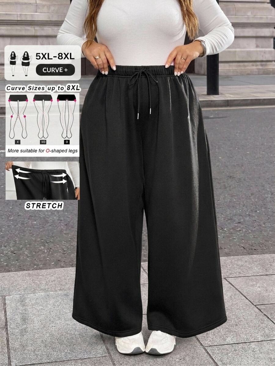SHEIN CURVE+ 秋冬款黑白條紋休閒百搭抽繩大尺碼長褲,2026 22W 秋季 - 黑色 - 查看 1