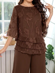 Amorya 女款貼花刺繡多層下擺上衣與寬鬆長褲兩件套 - 棕色 - 查看 7