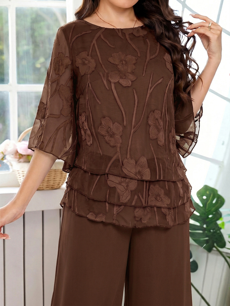 Amorya Women's Applique Embroidery Multi-Layer Hem Top And Loose Long Pants 2 Pieces Set - Brown - View 7