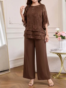 Amorya 女款貼花刺繡多層下擺上衣與寬鬆長褲兩件套 - 棕色 - 查看 3