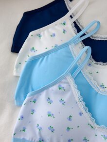 4件組女童蕾絲飾邊吊帶內衣，海軍藍、純白、淺藍花朵蝴蝶結，可愛甜美簡約基礎款，白色清新冬季校園居家穿搭 - 彩色 - 查看 4