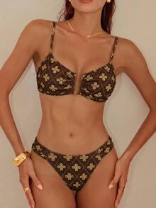Swim Chiccia Casual Fabric Women's Bikini Set Featuring Print, V Wired Top, Spaghetti Straps, And High Cut Bottom - Multicolor - View 3