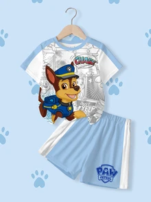 SHEIN | PAW Patrol 小男孩卡通印花T恤短褲套裝 - 白色 - 查看 1