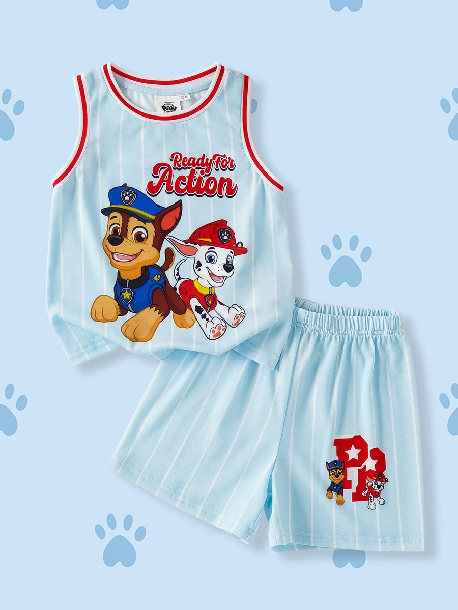 SHEIN | PAW Patrol 男童字母卡通印花圆领T恤和短裤休闲日常穿搭 - 彩色 - 查看 1