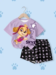 SHEIN | PAW Patrol 女童卡通印花短袖T恤與星星印花短褲休閒套裝 - 白色 - 查看 1
