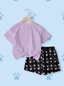 SHEIN | PAW Patrol 女童卡通印花短袖T恤與星星印花短褲休閒套裝 - 白色 - 查看 2
