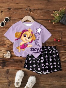 SHEIN | PAW Patrol 女童卡通印花短袖T恤與星星印花短褲休閒套裝 - 白色 - 查看 7