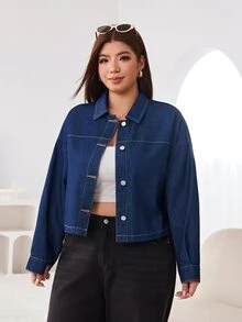 Solflare Plus Size Women's Autumn/Winter Navy Blue Long Sleeve Denim Jacket Formal Vacation Casual Baggy 90s - Blue - View 4