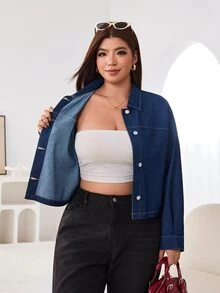 Solflare Plus Size Women's Autumn/Winter Navy Blue Long Sleeve Denim Jacket Formal Vacation Casual Baggy 90s - Blue - View 8