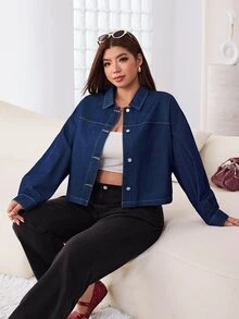 Solflare Plus Size Women's Autumn/Winter Navy Blue Long Sleeve Denim Jacket Formal Vacation Casual Baggy 90s - Blue - View 7