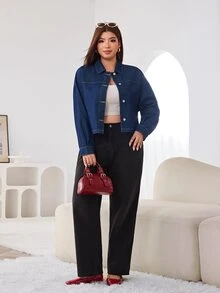 Solflare Plus Size Women's Autumn/Winter Navy Blue Long Sleeve Denim Jacket Formal Vacation Casual Baggy 90s - Blue - View 6