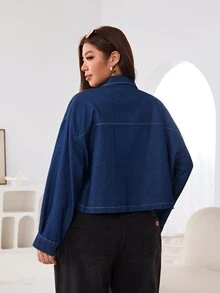 Solflare Plus Size Women's Autumn/Winter Navy Blue Long Sleeve Denim Jacket Formal Vacation Casual Baggy 90s - Blue - View 3
