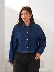 Solflare Plus Size Women's Autumn/Winter Navy Blue Long Sleeve Denim Jacket Formal Vacation Casual Baggy 90s - Blue - View 5