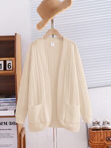 SHEIN Tween Girl Casual Knit Kids Solid Color Long Sleeve Autumn Cardigan - Apricot - View 2