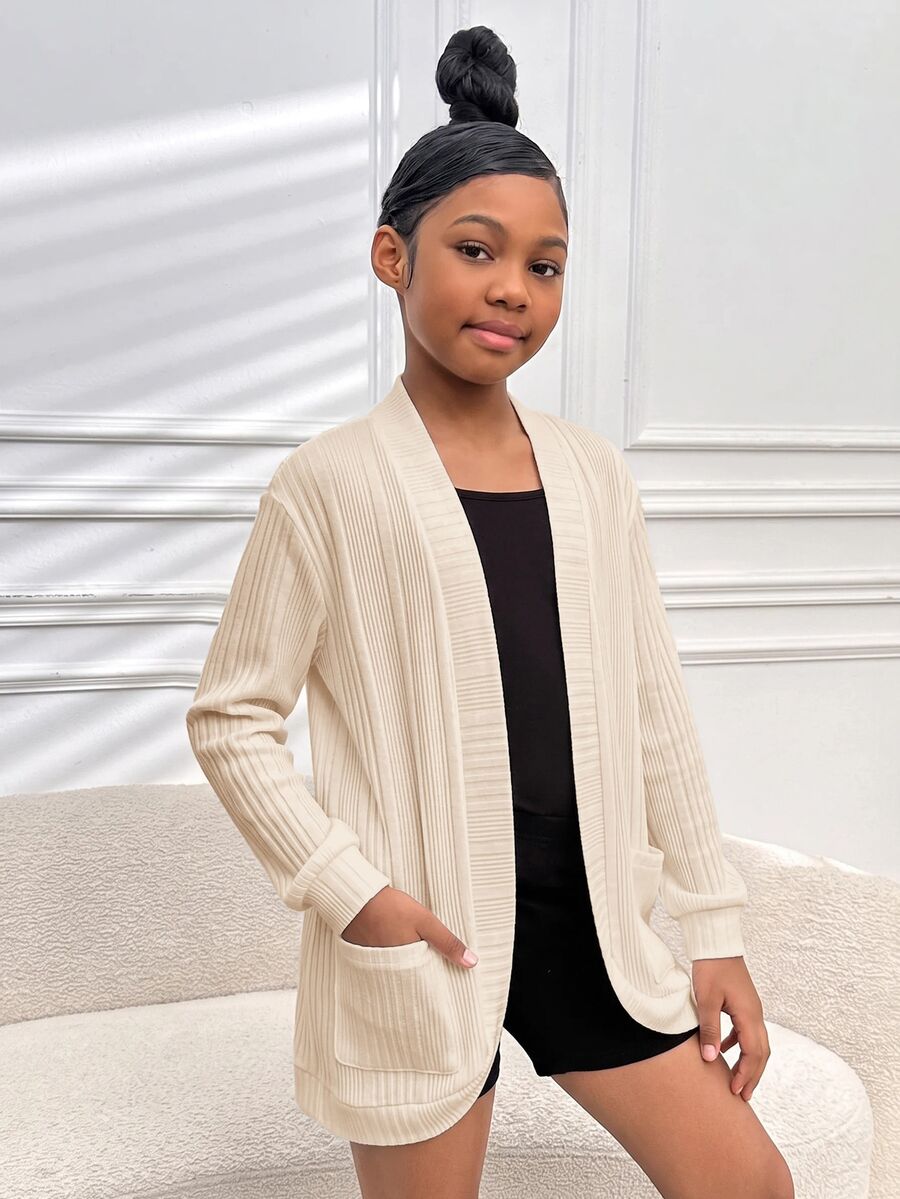 SHEIN Tween Girl Casual Knit Kids Solid Color Long Sleeve Autumn Cardigan - Apricot - View 1