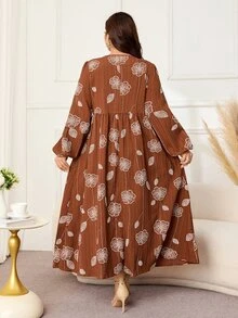 Al Najma Gaun Kasual Berlipit Motif Bunga Gaya Arab untuk Wanita Ukuran Besar - Coffee Brown - View 2