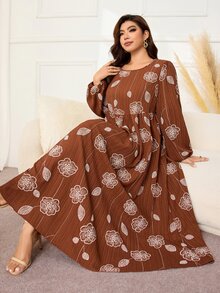 Al Najma Gaun Kasual Berlipit Motif Bunga Gaya Arab untuk Wanita Ukuran Besar - Coffee Brown - View 5