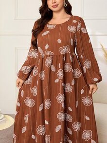 Al Najma Gaun Kasual Berlipit Motif Bunga Gaya Arab untuk Wanita Ukuran Besar - Coffee Brown - View 4