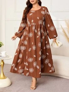 Al Najma Gaun Kasual Berlipit Motif Bunga Gaya Arab untuk Wanita Ukuran Besar - Coffee Brown - View 7