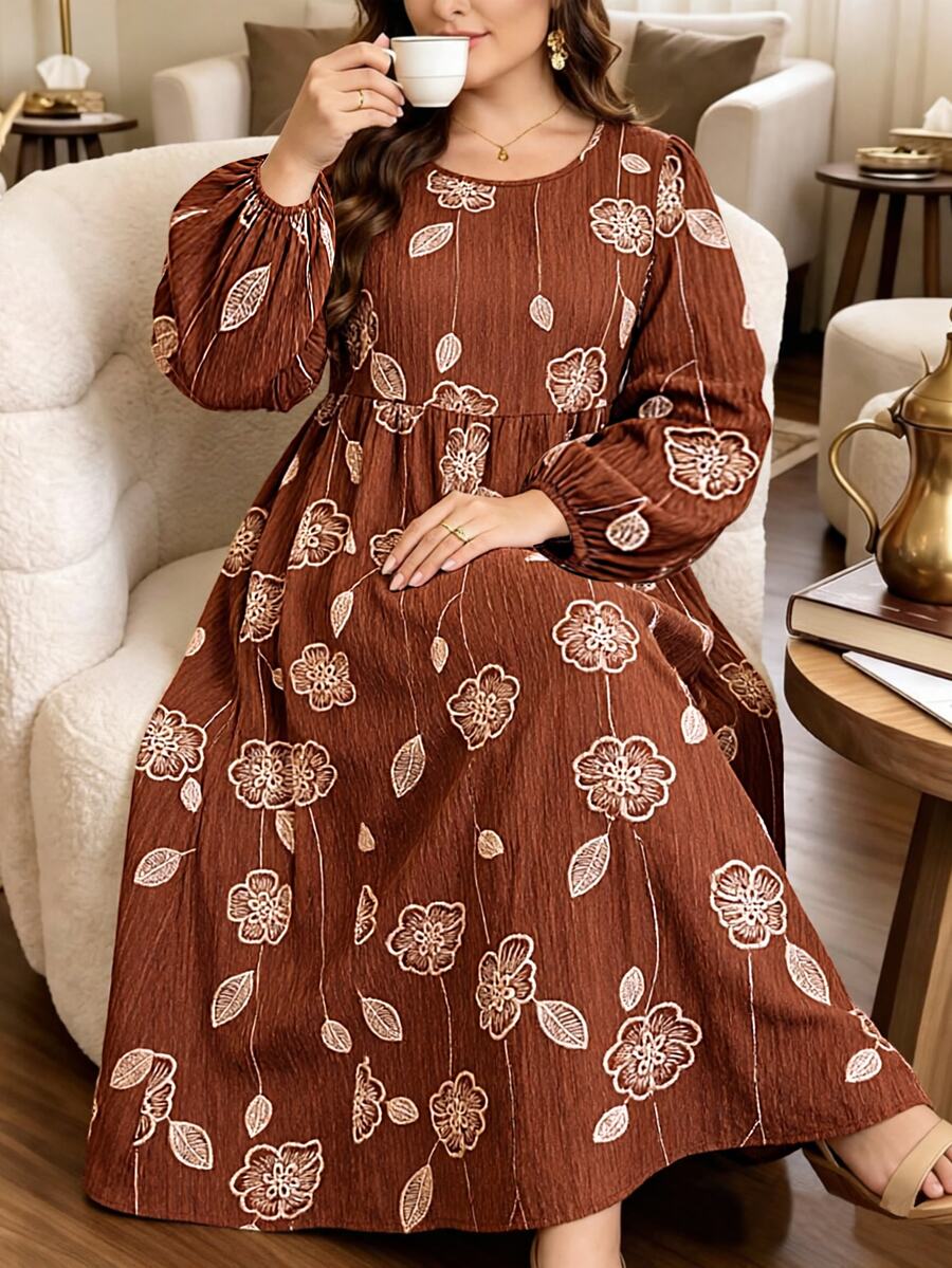 Al Najma Gaun Kasual Berlipit Motif Bunga Gaya Arab untuk Wanita Ukuran Besar - Coffee Brown - View 1