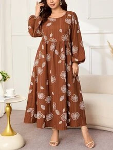 Al Najma Gaun Kasual Berlipit Motif Bunga Gaya Arab untuk Wanita Ukuran Besar - Coffee Brown - View 3