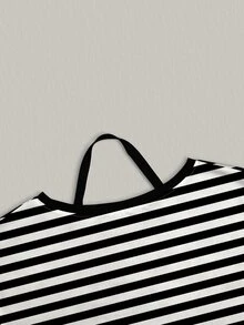 INAWLY Women's Striped Asymmetric Neck Long Sleeve Casual French Halter Top Brunch Black And White Autumn - Multicolor - View 3