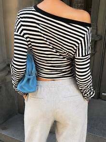INAWLY Women's Striped Asymmetric Neck Long Sleeve Casual French Halter Top Brunch Black And White Autumn - Multicolor - View 2