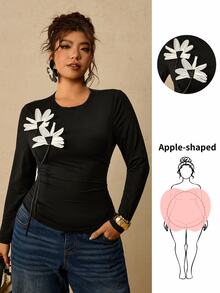 Travachic Plus Size Women's Black Long Sleeve Round Neck Thermal Base Layer Top, Ruched Waist T-Shirt For Tummy Control Winter - Multicolor - View 10