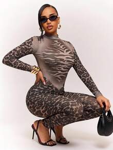 Radiana Sexy Casual Mesh Leopard Print All-Over See-Through Skinny Jump Grey Leopard Print Suit, Suitable For Nightclub Club Night Out, Party, Autumn - Multicolor - View 2