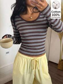 CovetEZ Women's Casual Striped Long Sleeve T-Shirt, Autumn - Brown - View 2