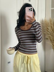 CovetEZ Women's Casual Striped Long Sleeve T-Shirt, Autumn - Brown - View 5