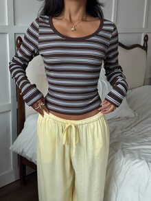 CovetEZ Women's Casual Striped Long Sleeve T-Shirt, Autumn - Brown - View 4