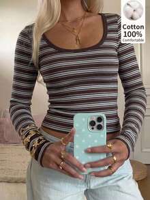 CovetEZ Women's Casual Striped Long Sleeve T-Shirt, Autumn - Brown - View 3