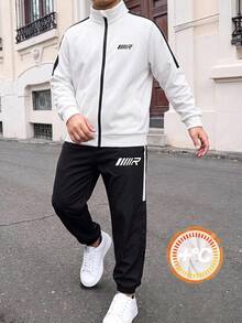 SHEIN 青少年男孩休閒運動字母圖案寬鬆版型全開襟立領運動外套與慢跑褲2件套，適合秋冬休閒運動風 - 黑與白 - 查看 7