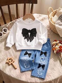 SHEIN Baby Girl Bow Print Sweatshirt & Denim Print Pants Set - White - View 1