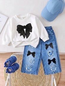 SHEIN Baby Girl Bow Print Sweatshirt & Denim Print Pants Set - White - View 2
