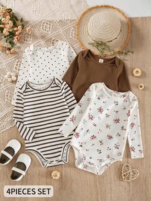 Cozy Pixies Baby Girls Bodysuits Knit Printed Floral Striped Solid Polka Dot Pattern Round Neck Long Sleeve Romper Set 4-Piece Set Buy 1 Get 3 Free 4 Different Colors Each 1 Piece Comfortable Nordic Style Nordic Color Palette - Multicolor - View 7