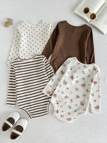 Cozy Pixies Baby Girls Bodysuits Knit Printed Floral Striped Solid Polka Dot Pattern Round Neck Long Sleeve Romper Set 4-Piece Set Buy 1 Get 3 Free 4 Different Colors Each 1 Piece Comfortable Nordic Style Nordic Color Palette - Multicolor - View 2