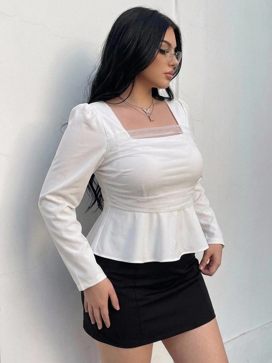 Dazy Plus Square Neck Mesh Patchwork Long Sleeve Elegant Korean Style Blouse - Apricot - View 1