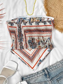 SHEIN Polyester Strapless Geometric Tank Top In White,Perfect For Summer Vacations Tops Teen Girls Aesthetic Paisley Print Bandana - White - View 2