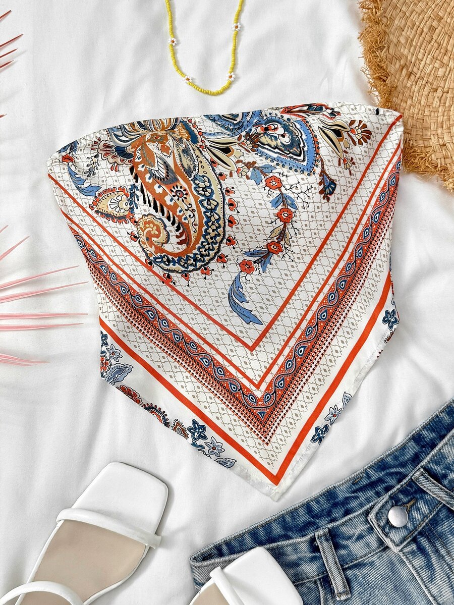 SHEIN Polyester Strapless Geometric Tank Top In White,Perfect For Summer Vacations Tops Teen Girls Aesthetic Paisley Print Bandana - White - View 1