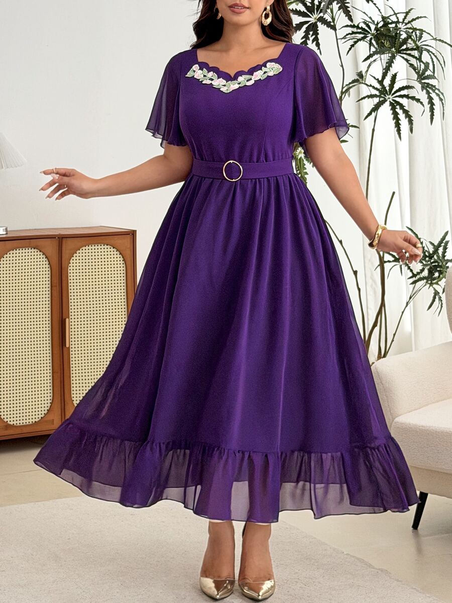 Modelyn Gaun Elegan Lengan Pendek Berkerut dengan Garis Leher Bentuk Hati untuk Wanita Ukuran Plus dan Dekorasi Aplikasi - Purple - View 1