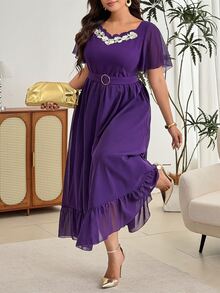Modelyn Gaun Elegan Lengan Pendek Berkerut dengan Garis Leher Bentuk Hati untuk Wanita Ukuran Plus dan Dekorasi Aplikasi - Purple - View 5